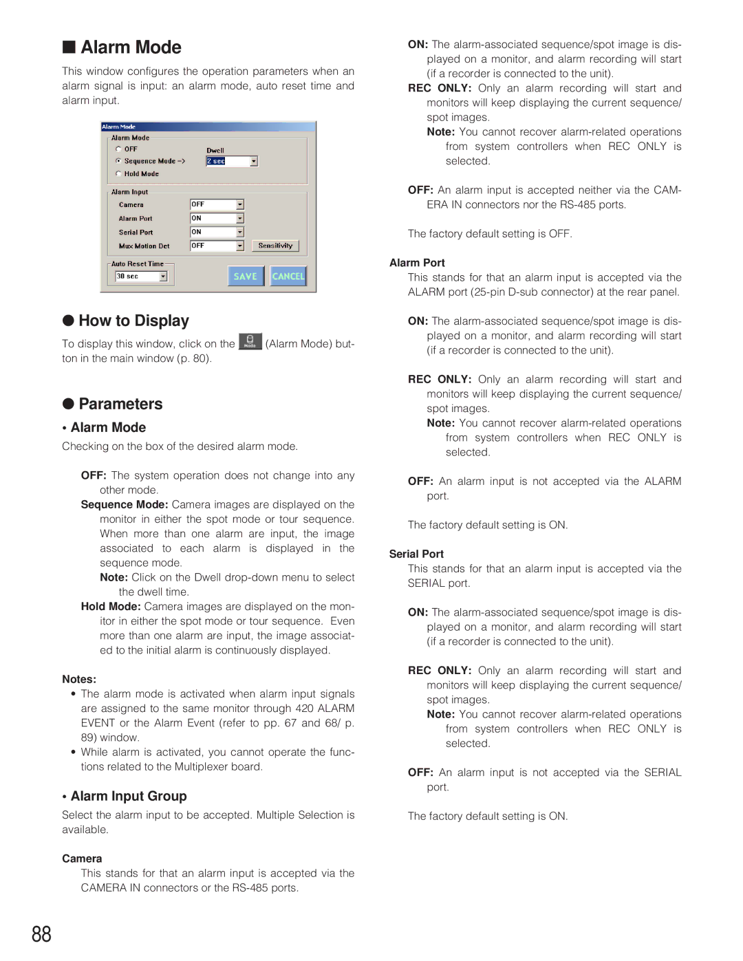 Panasonic WJ-SX 150A manual Alarm Mode, Alarm Input Group, Camera, Serial Port 