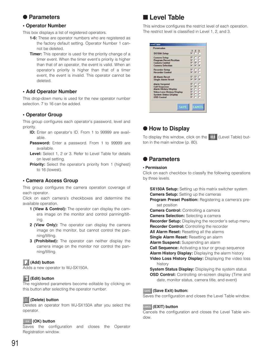 Panasonic WJ-SX 150A manual Level Table, Add Operator Number, Operator Group, Camera Access Group 