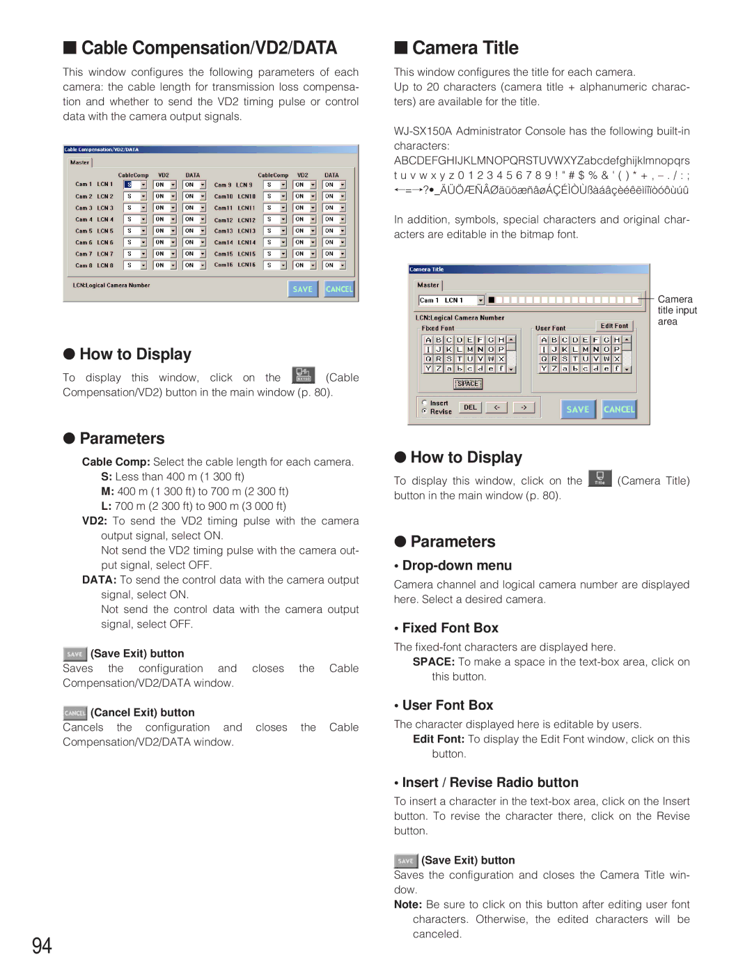 Panasonic WJ-SX 150A manual Cable Compensation/VD2/DATA, Camera Title 