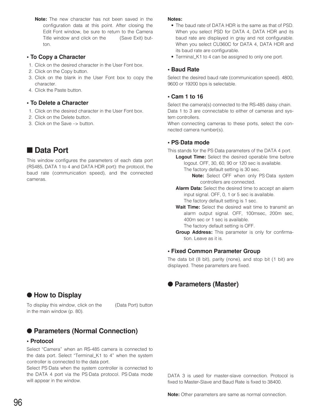 Panasonic WJ-SX 150A manual Data Port, Parameters Normal Connection, Parameters Master 