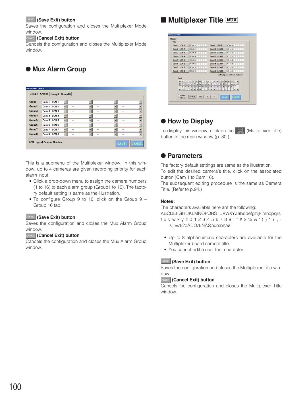 Panasonic WJ-SX 150A manual 100, Multiplexer Title MUX, Mux Alarm Group 