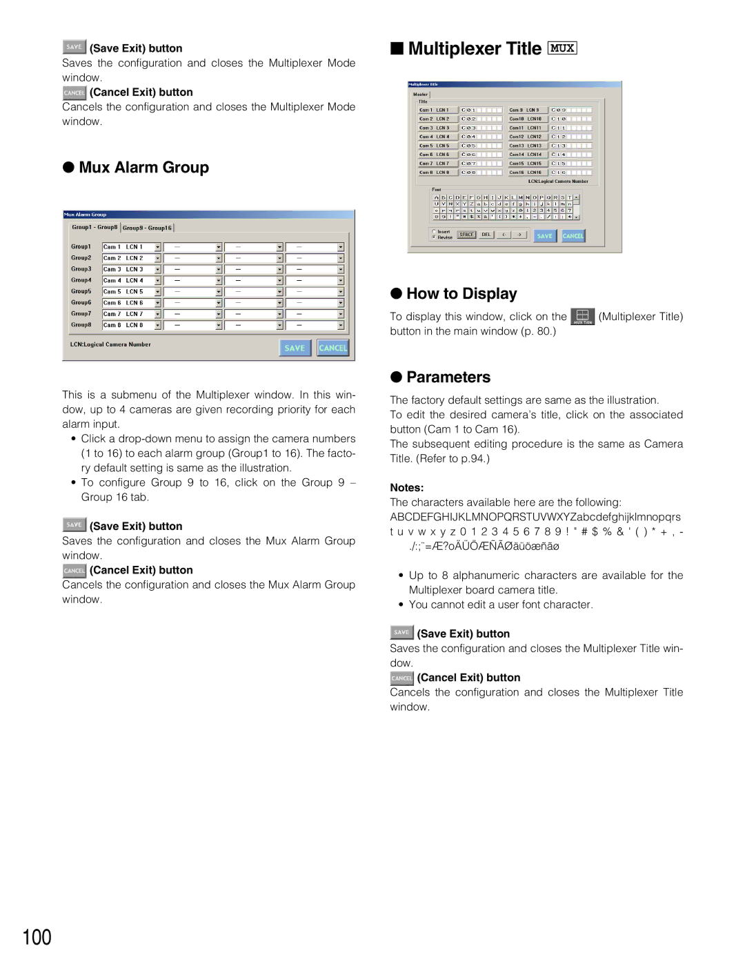 Panasonic WJ-SX150A manual 100, Multiplexer Title MUX, Mux Alarm Group 