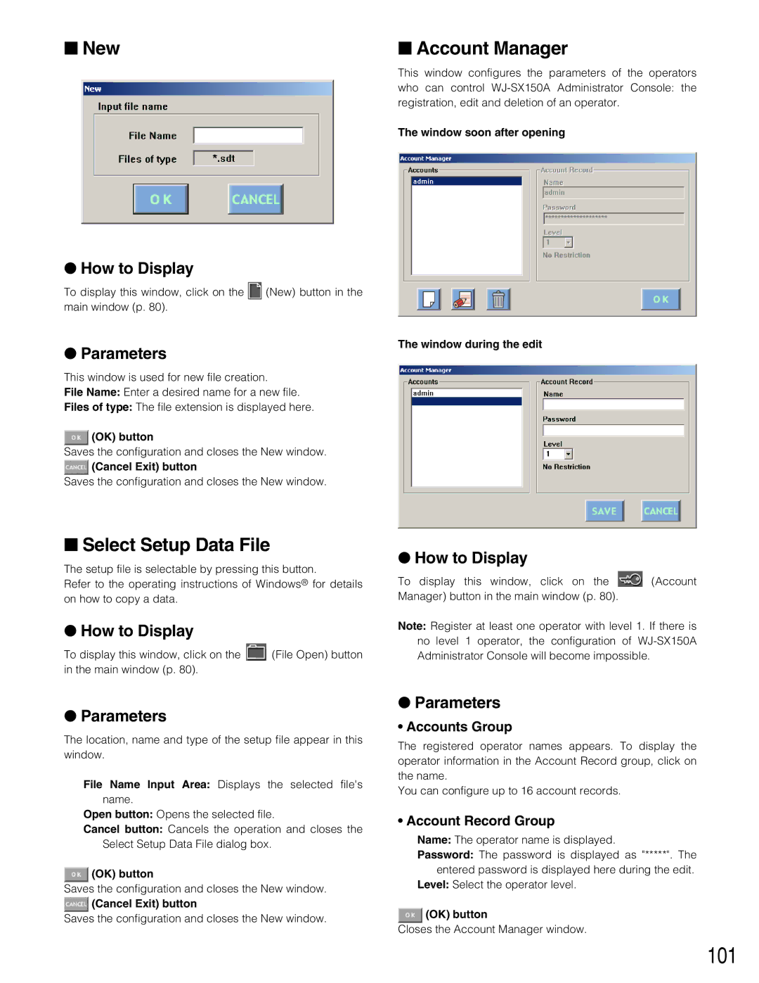 Panasonic WJ-SX150A manual 101, New, Select Setup Data File, Account Manager 