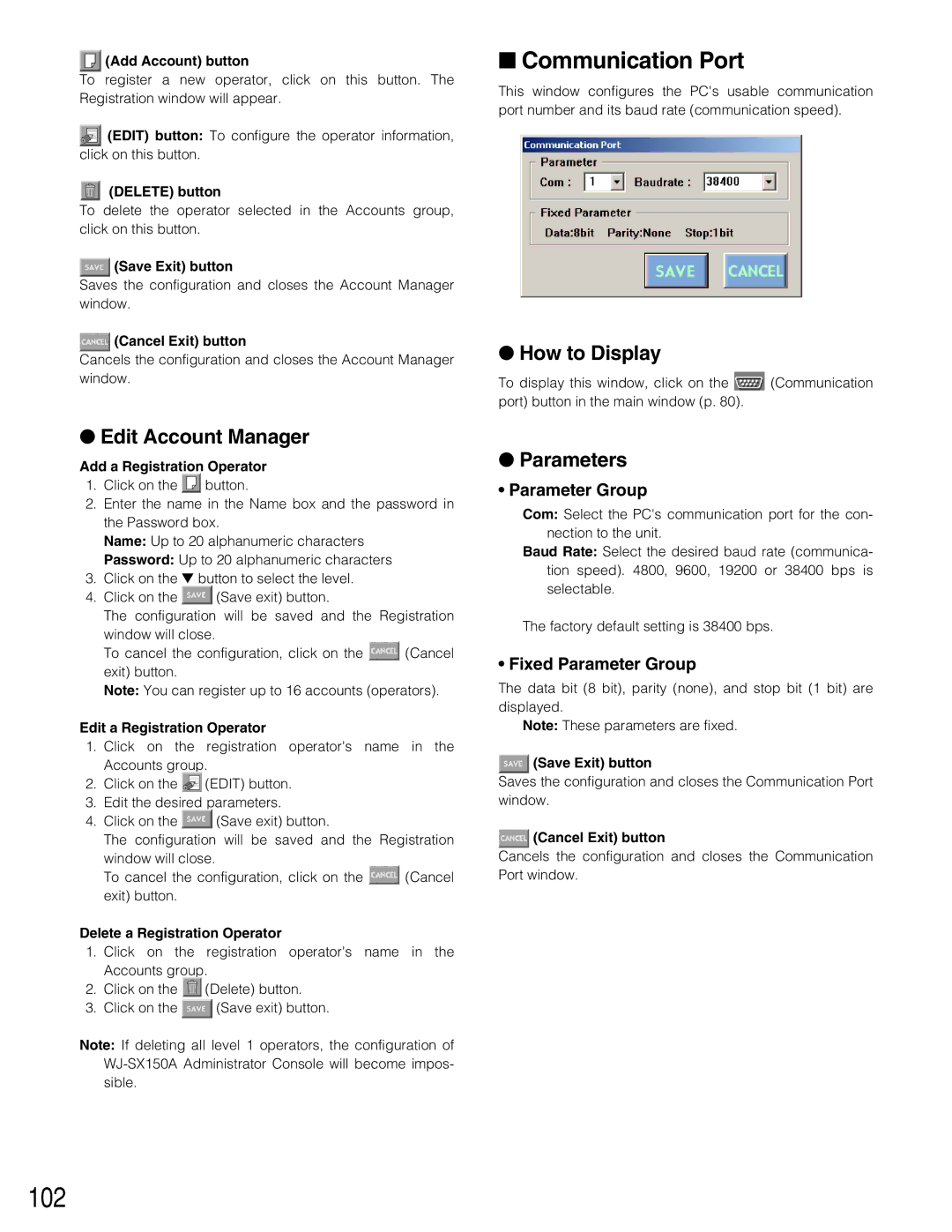 Panasonic WJ-SX150A manual 102, Communication Port, Edit Account Manager, Fixed Parameter Group 