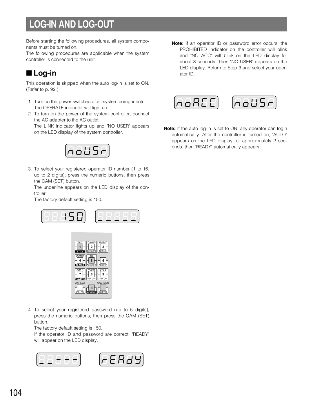 Panasonic WJ-SX150A manual LOG-IN and LOG-OUT, 104, Log-in 