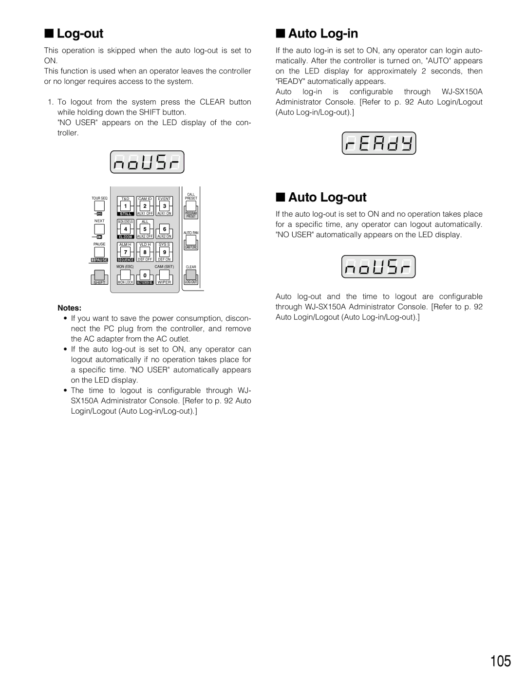 Panasonic WJ-SX150A manual 105, Auto Log-in, Auto Log-out 