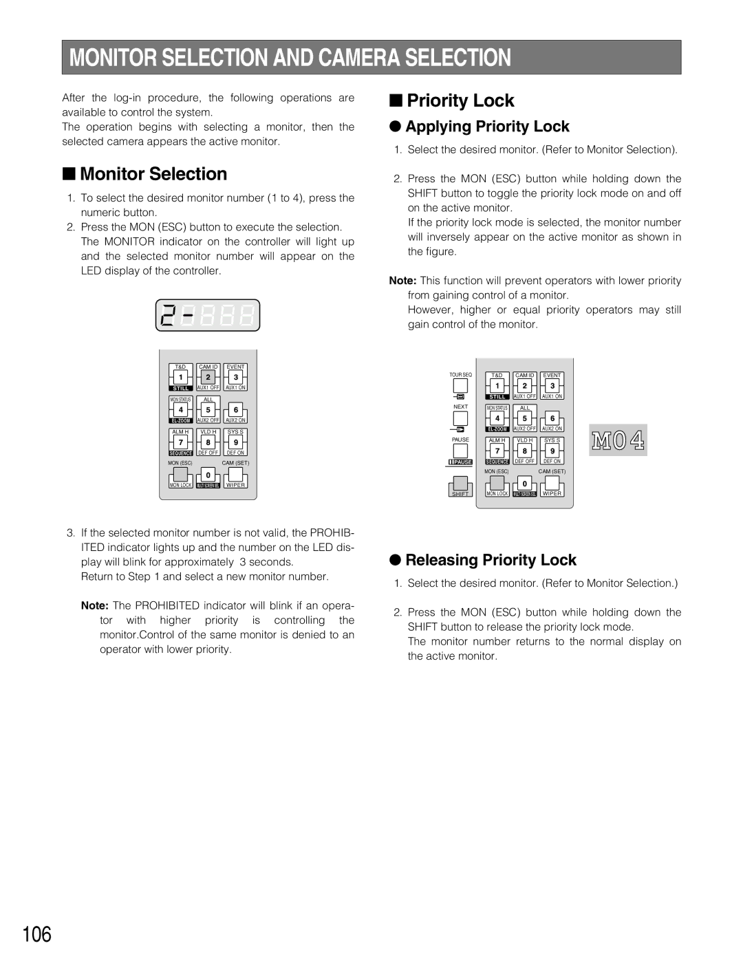 Panasonic WJ-SX150A manual Monitor Selection and Camera Selection, 106, Applying Priority Lock, Releasing Priority Lock 