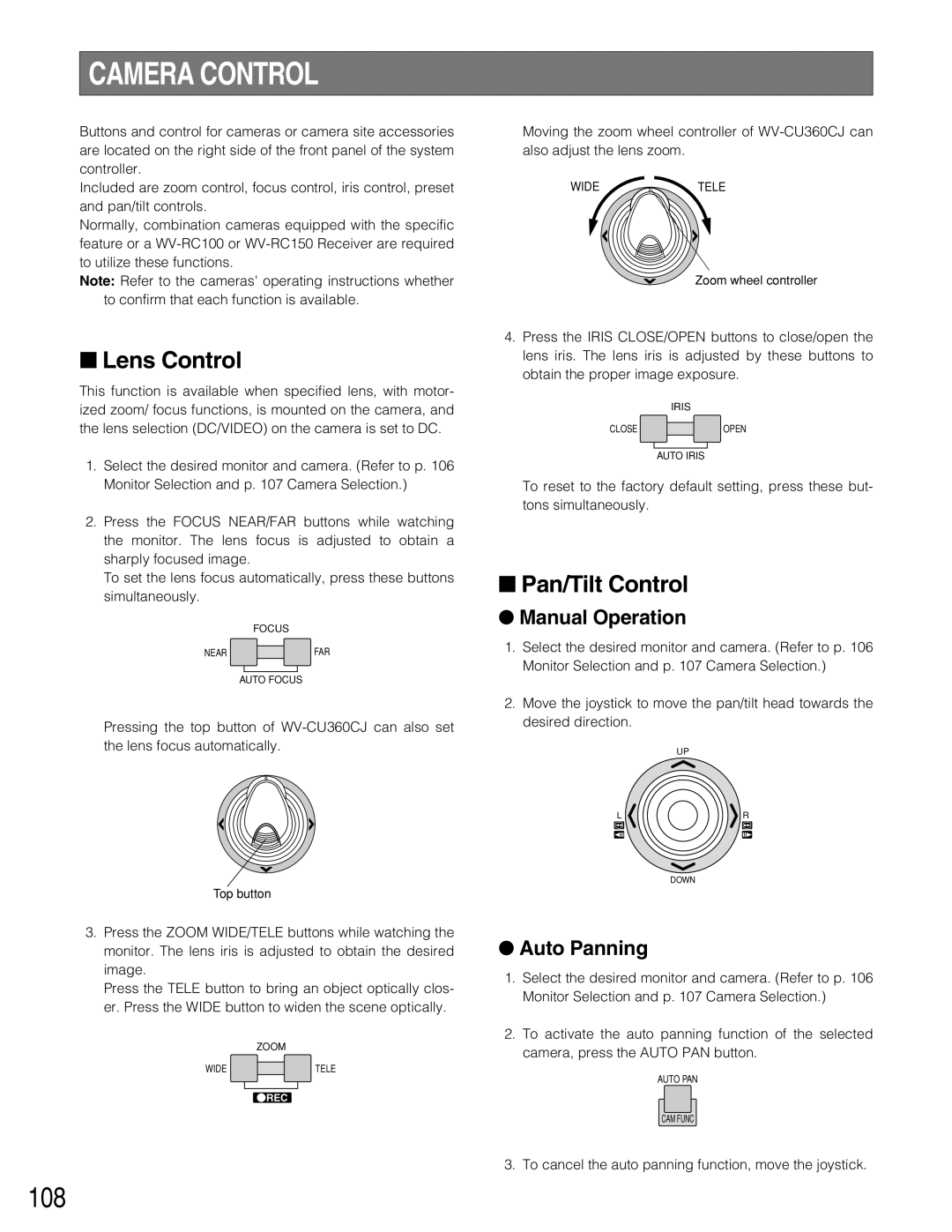 Panasonic WJ-SX150A manual Camera Control, 108, Lens Control, Pan/Tilt Control 