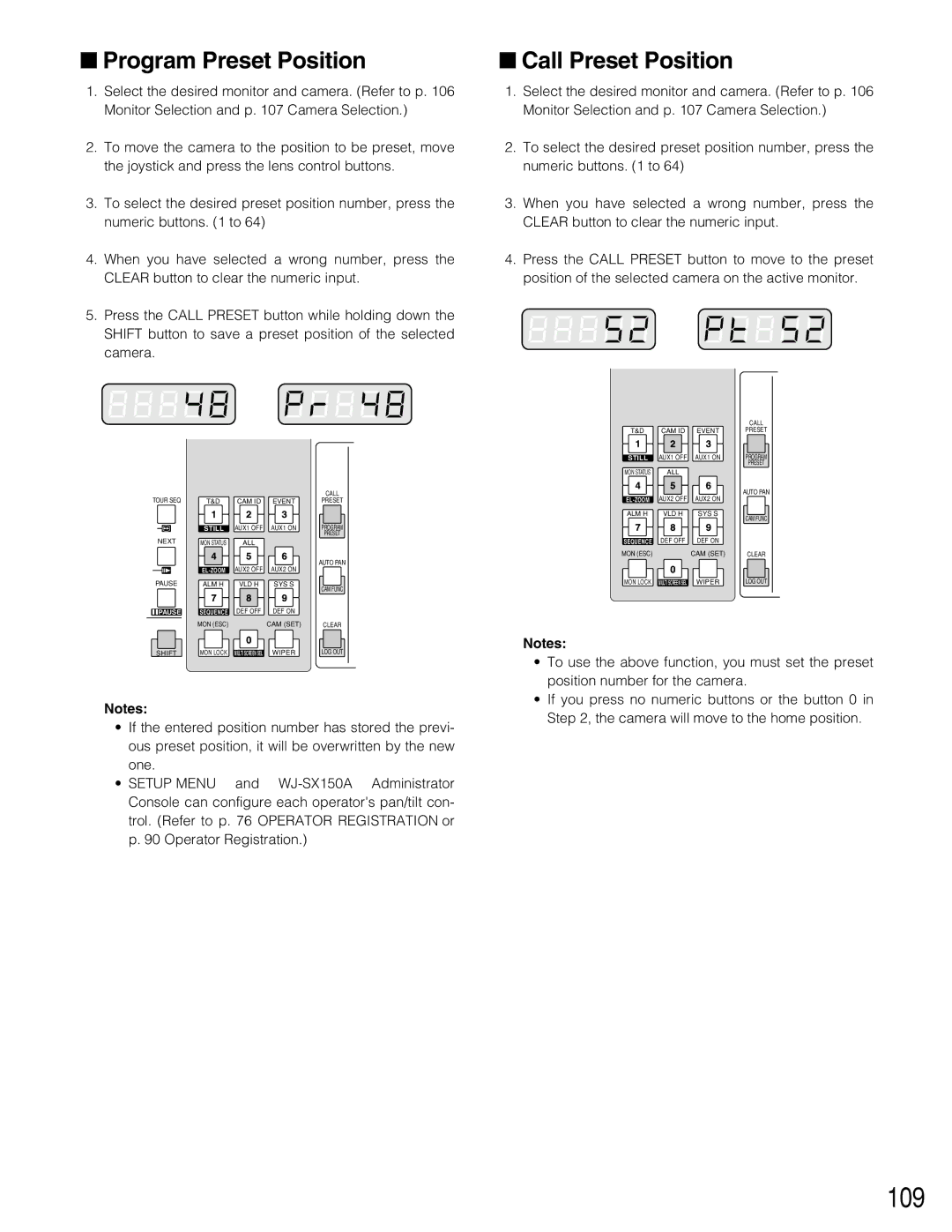 Panasonic WJ-SX150A manual 109, Program Preset Position, Call Preset Position 