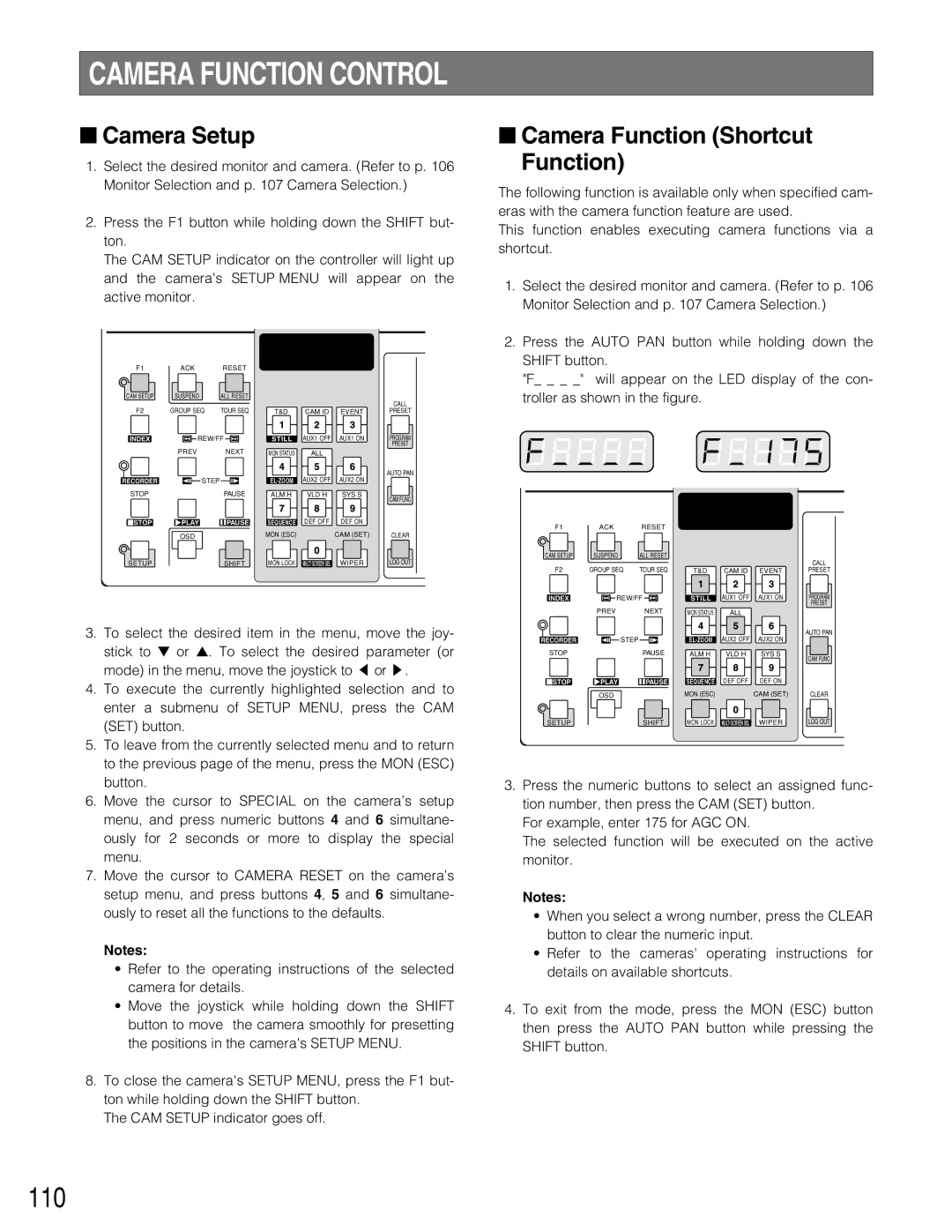 Panasonic WJ-SX150A manual Camera Function Control, 110, Camera Setup, Camera Function Shortcut Function 