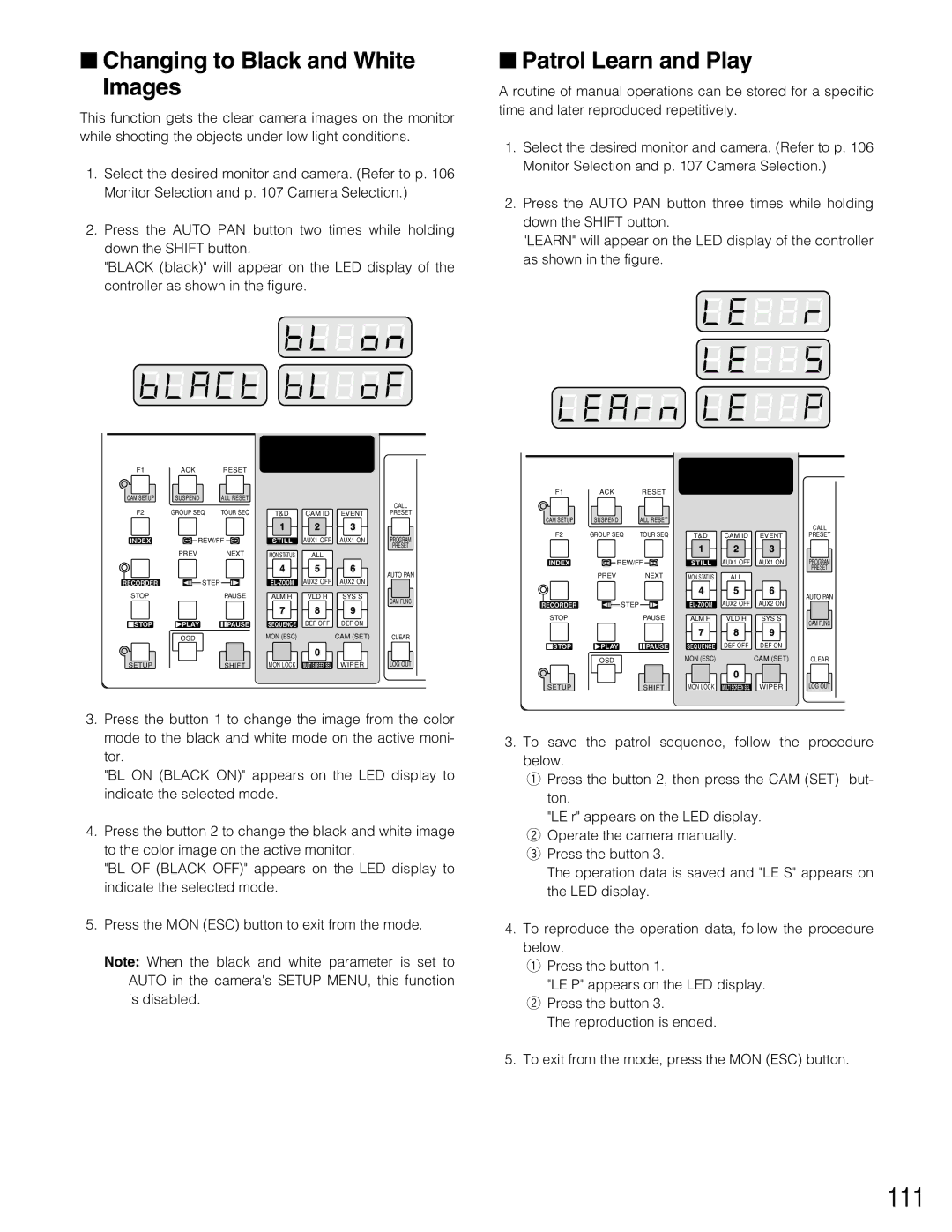 Panasonic WJ-SX150A manual 111, Changing to Black and White Images, Patrol Learn and Play 