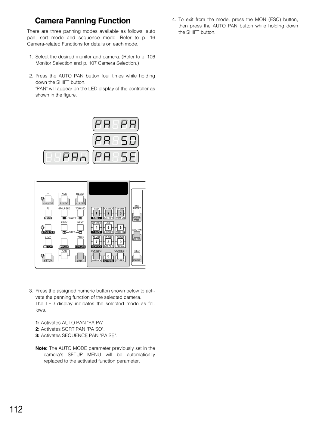 Panasonic WJ-SX150A manual 112, Camera Panning Function 