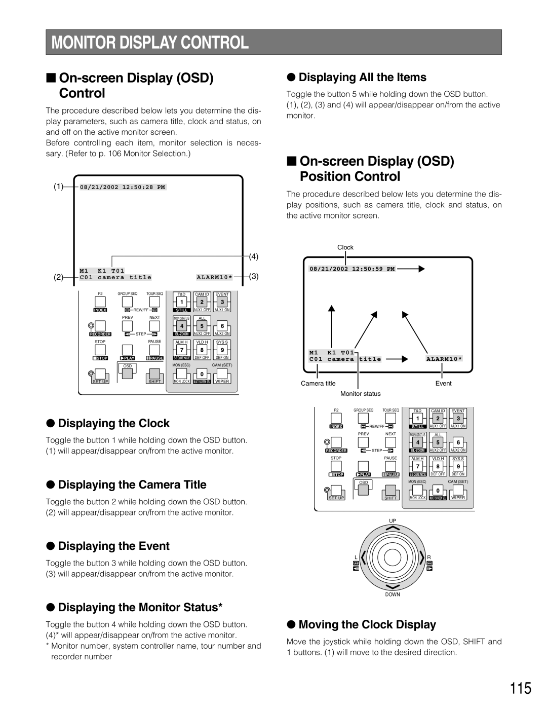 Panasonic WJ-SX150A Monitor Display Control, 115, On-screen Display OSD Control, On-screen Display OSD Position Control 