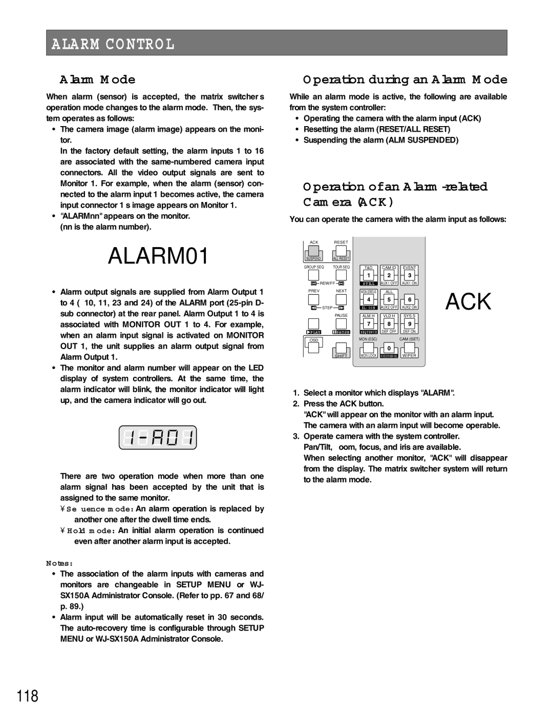 Panasonic WJ-SX150A manual Alarm Control, 118, Operation during an Alarm Mode, Operation of an Alarm-related Camera ACK 