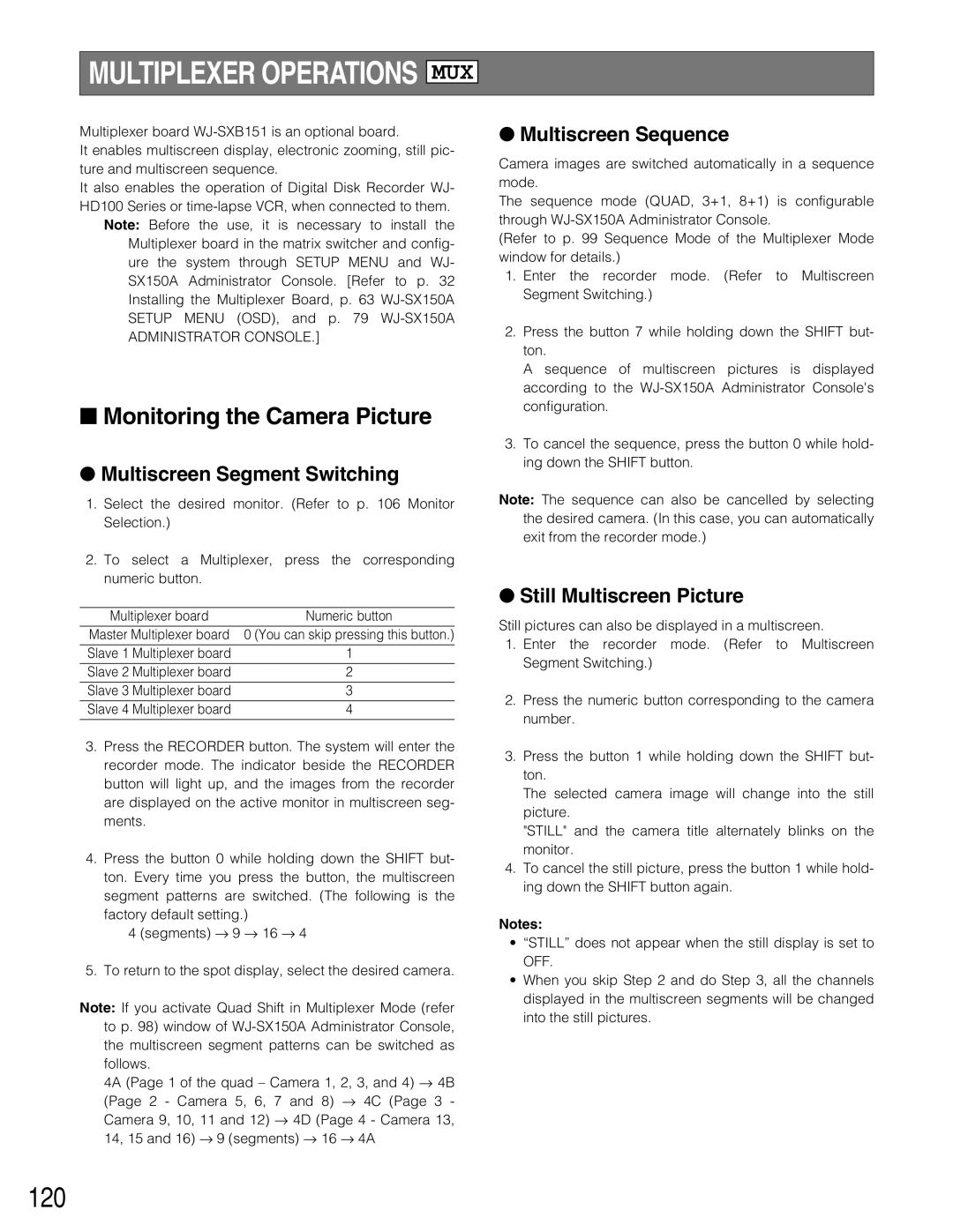 Panasonic WJ-SX150A manual 120, Monitoring the Camera Picture, Multiscreen Segment Switching, Multiscreen Sequence 