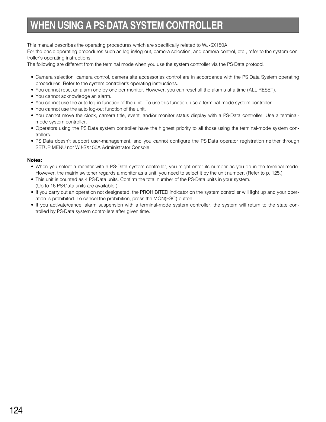 Panasonic WJ-SX150A manual When Using a PS·DATA System Controller, 124 