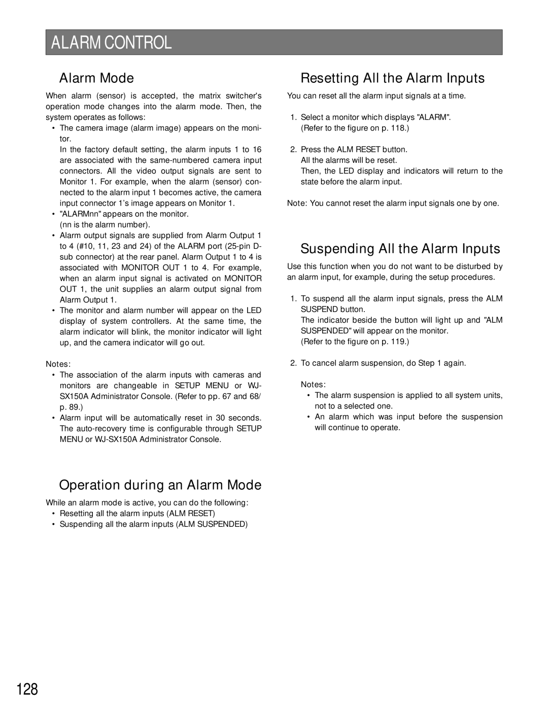 Panasonic WJ-SX150A manual 128, Resetting All the Alarm Inputs, Suspending All the Alarm Inputs 