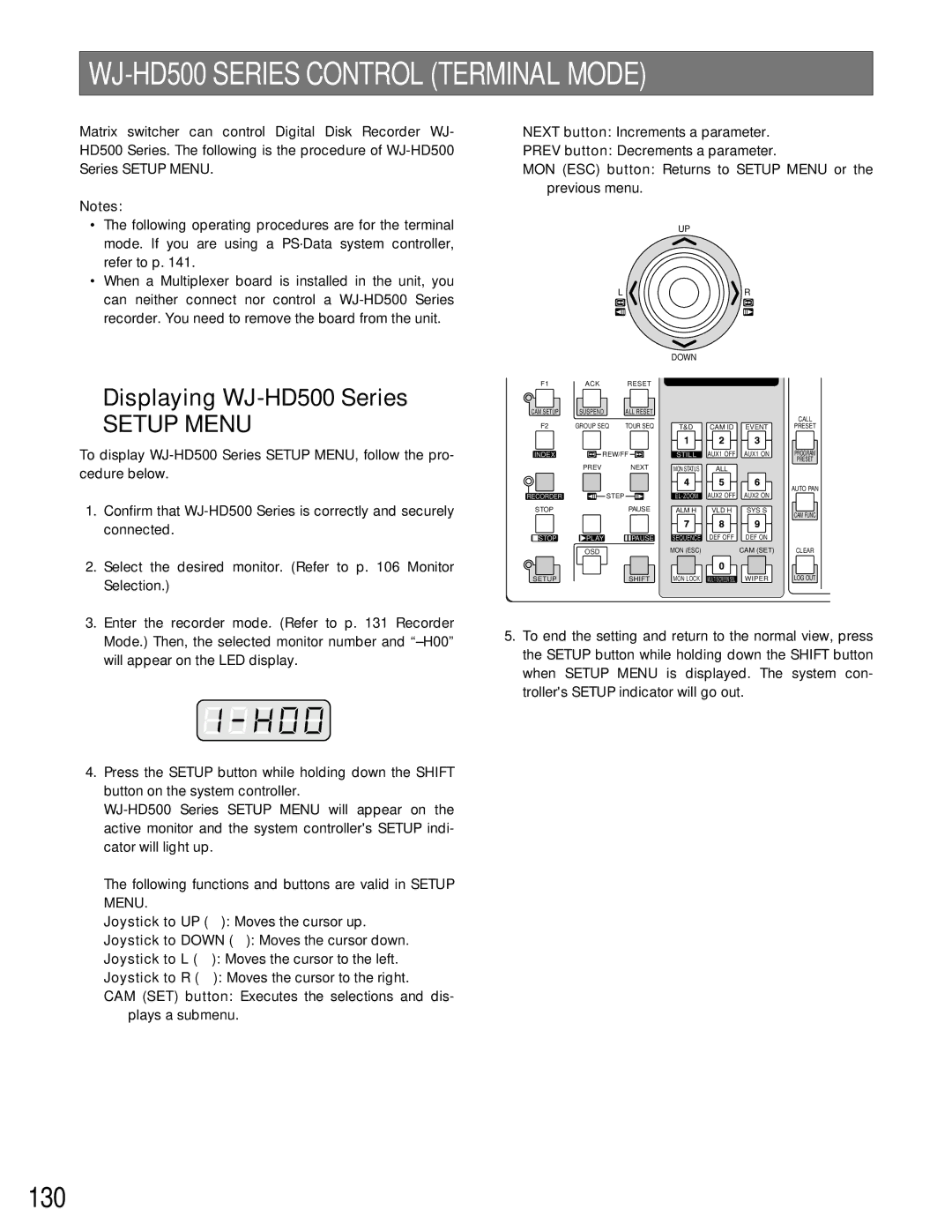 Panasonic WJ-SX150A manual WJ-HD500 Series Control Terminal Mode, 130, Displaying WJ-HD500 Series 