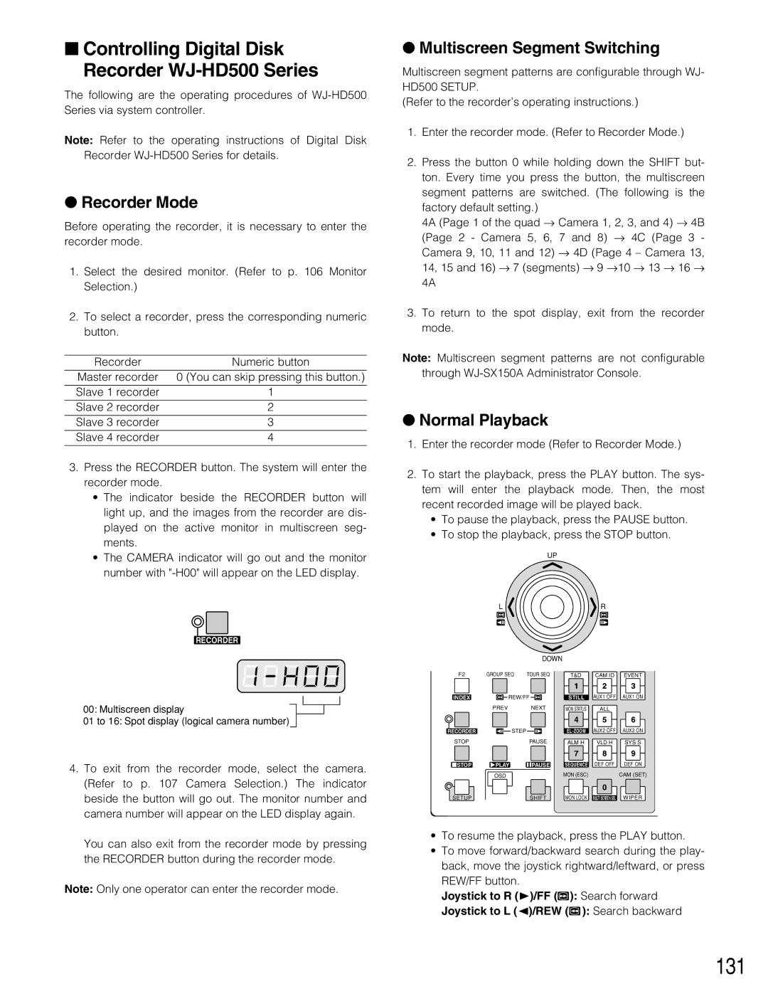 Panasonic WJ-SX150A manual 131, Recorder Mode, Normal Playback 