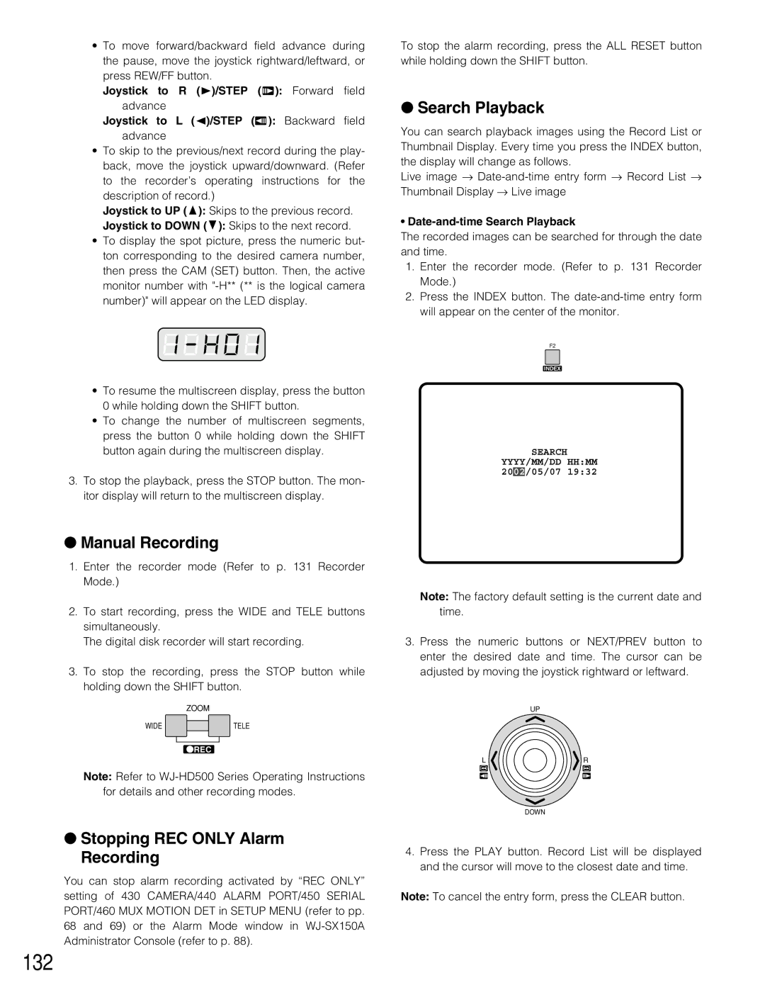 Panasonic WJ-SX150A manual 132, Search Playback, Manual Recording, Stopping REC only Alarm Recording 