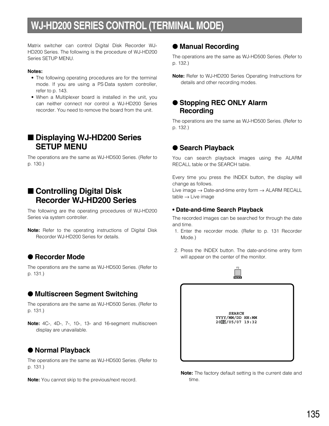Panasonic WJ-SX150A WJ-HD200 Series Control Terminal Mode, 135, Displaying WJ-HD200 Series, Date-and-time Search Playback 