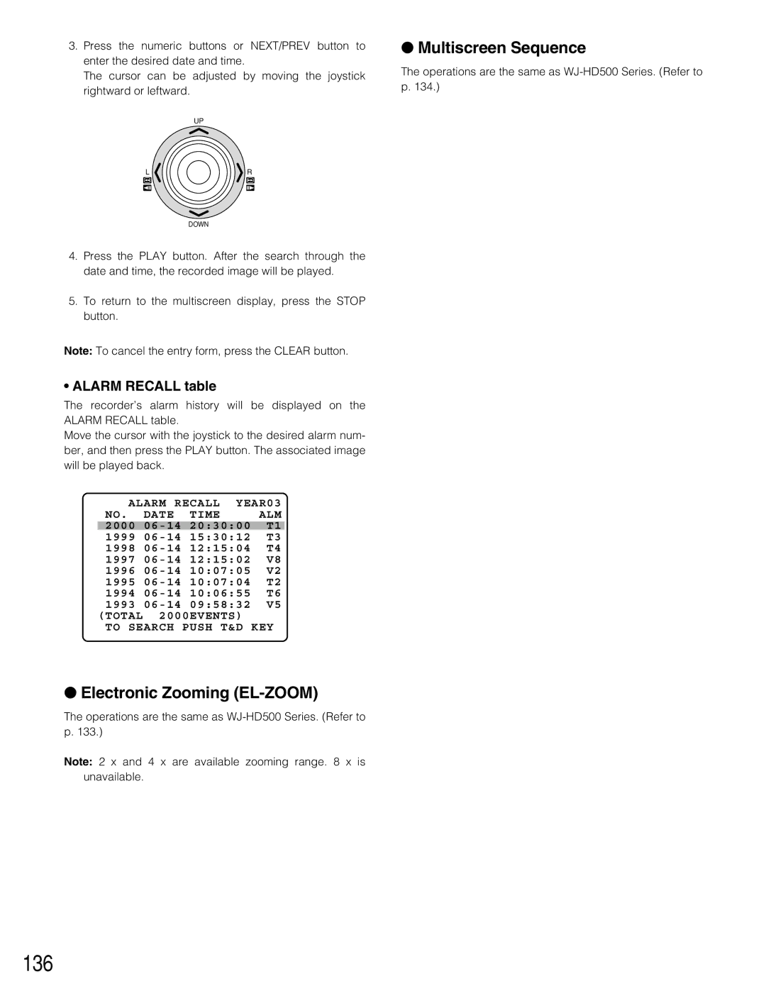 Panasonic WJ-SX150A manual 136, Alarm Recall table 