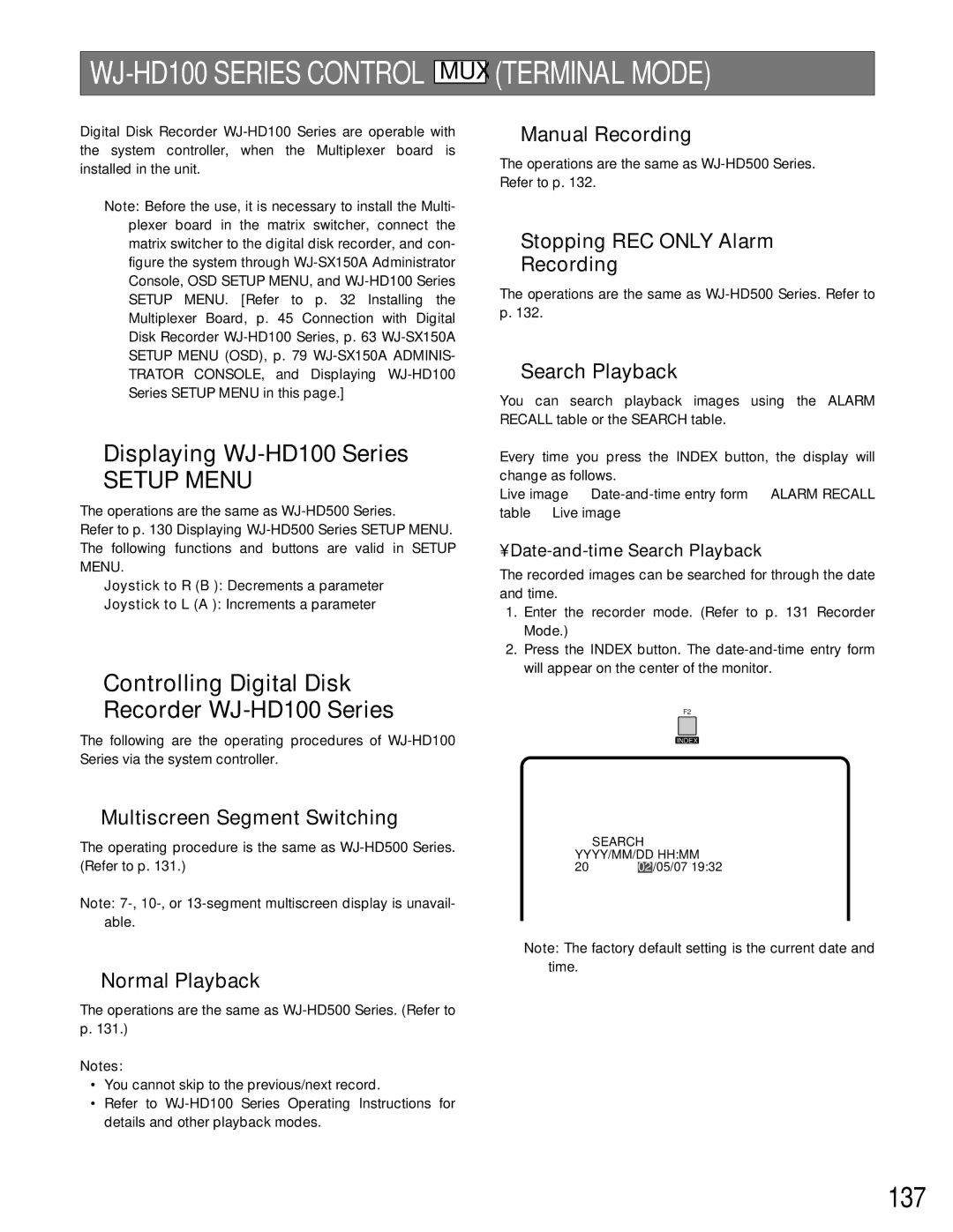 Panasonic WJ-SX150A manual Terminal Mode, 137, Displaying WJ-HD100 Series 