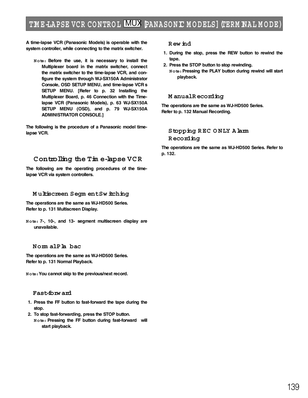 Panasonic WJ-SX150A manual 139, Controlling the Time-lapse VCR, Fast-forward, Rewind 