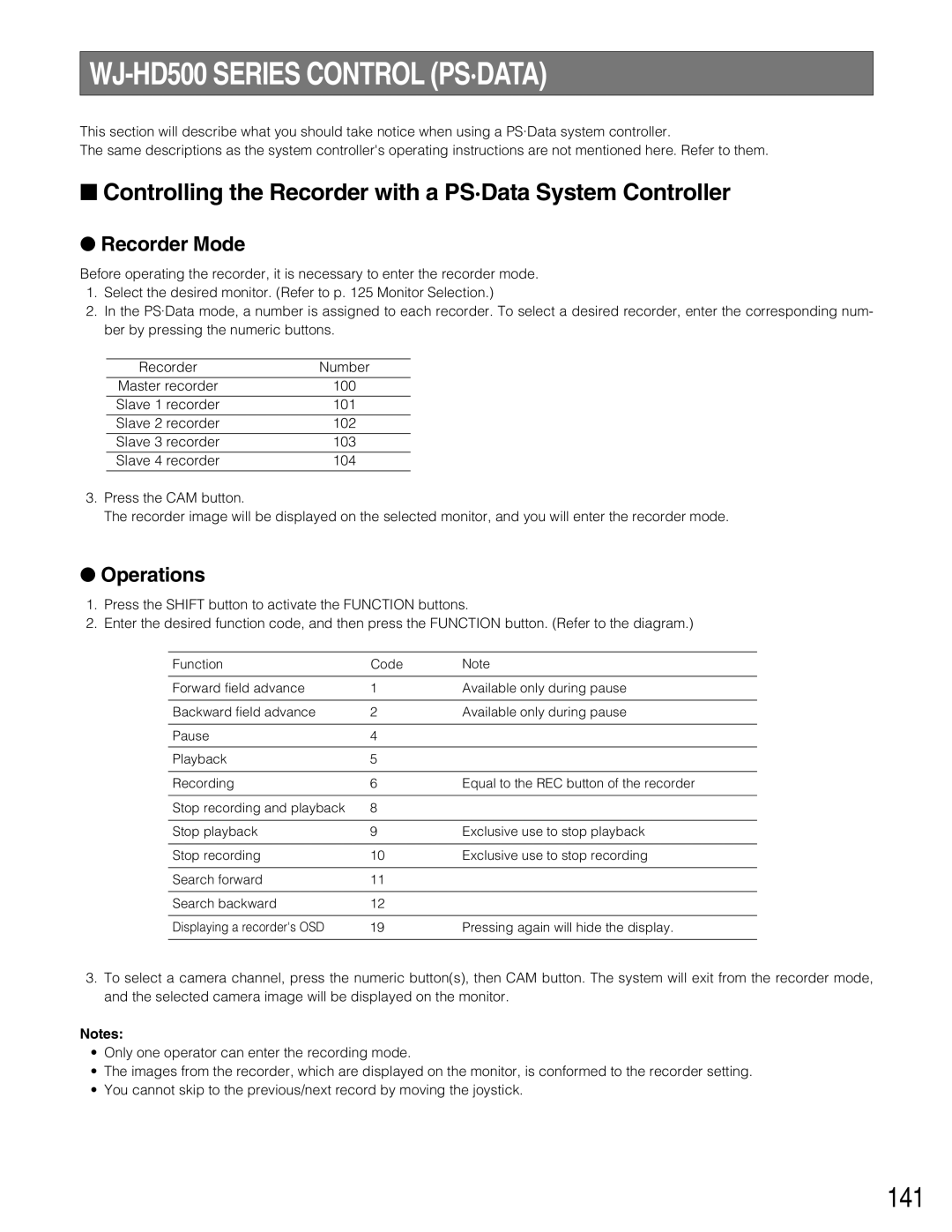 Panasonic WJ-SX150A manual WJ-HD500 Series Control PS·DATA, 141, Controlling the Recorder with a PS·Data System Controller 