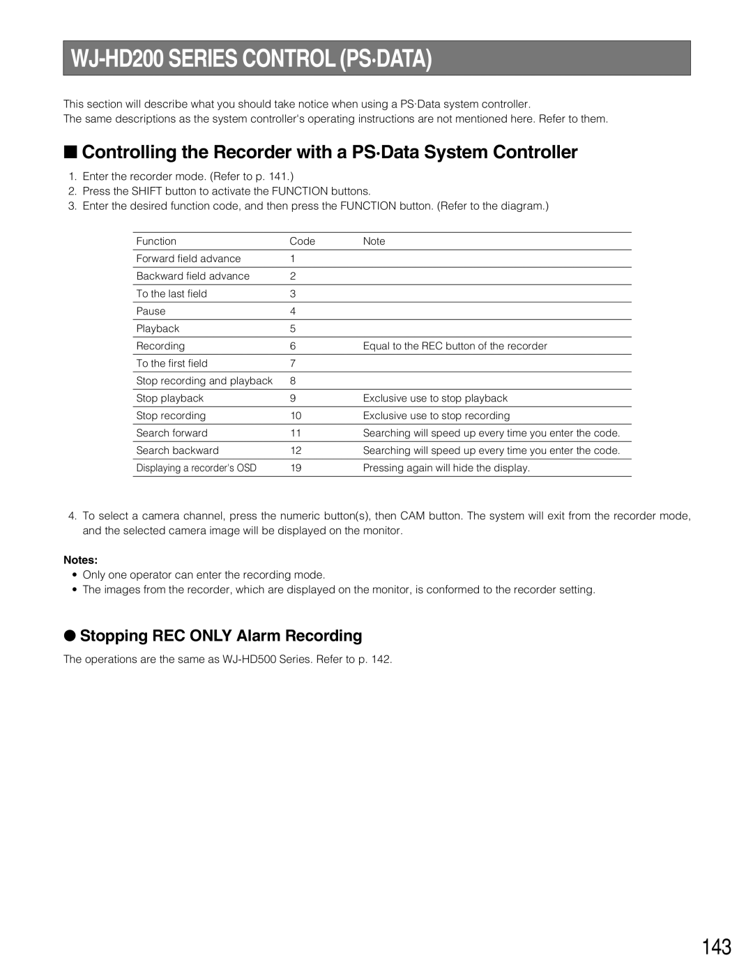 Panasonic WJ-SX150A manual WJ-HD200 Series Control PS·DATA, 143 