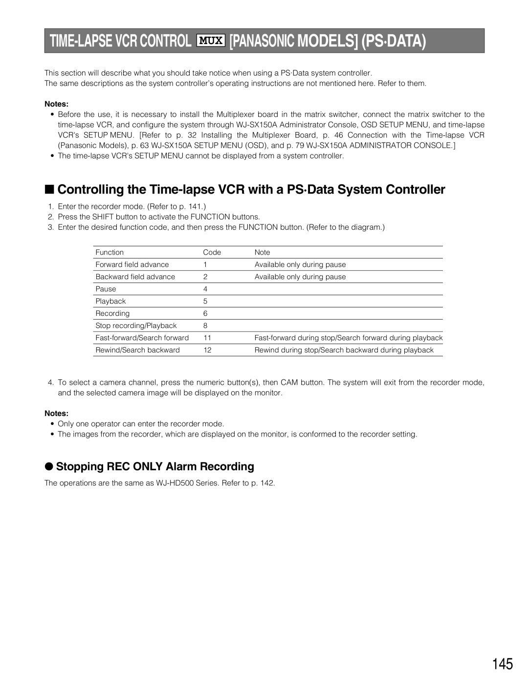 Panasonic WJ-SX150A manual Panasonic Models PS·DATA, 145 