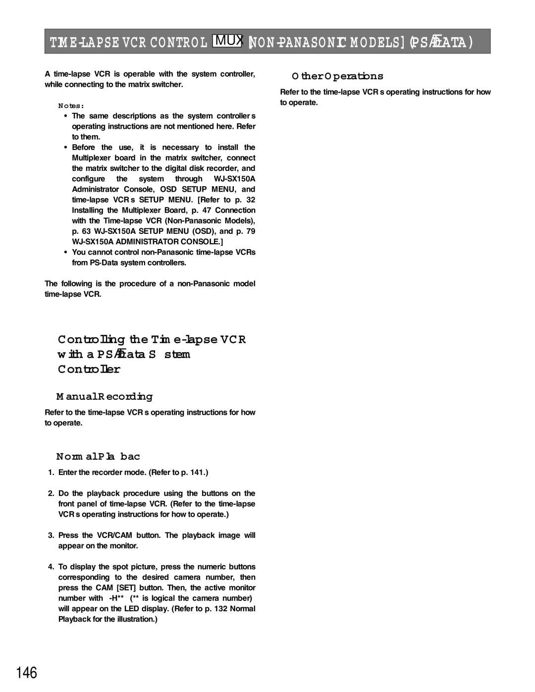 Panasonic WJ-SX150A manual 146, NON-PANASONIC Models PS·DATA 