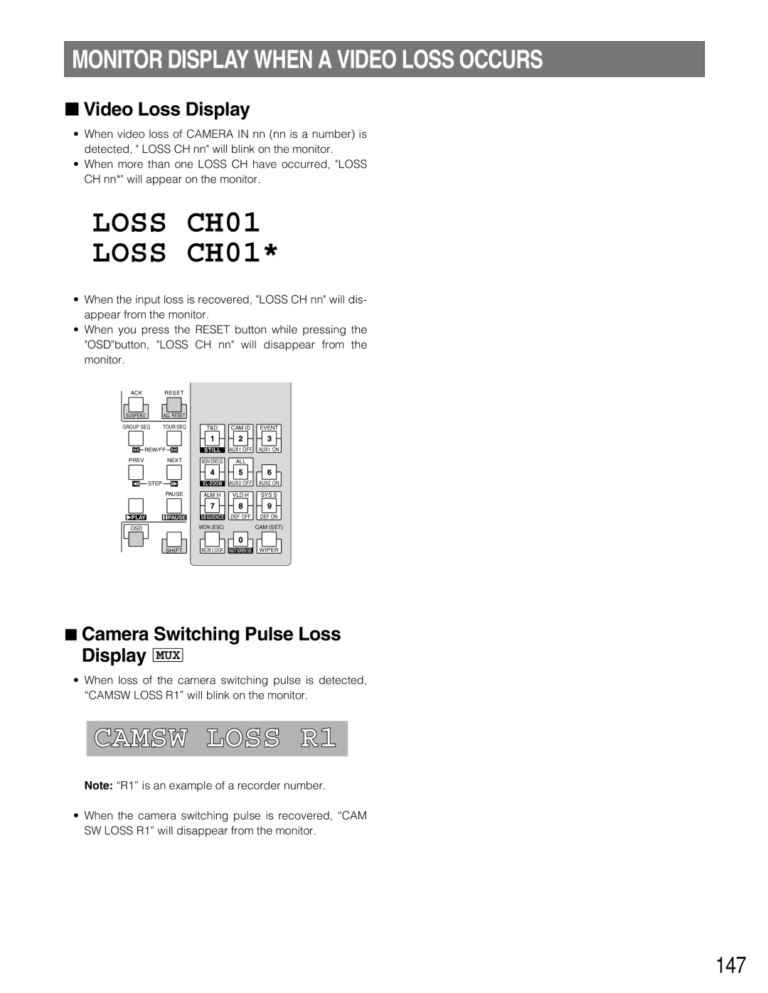 Panasonic WJ-SX150A manual Monitor Display When a Video Loss Occurs, 147, Video Loss Display 