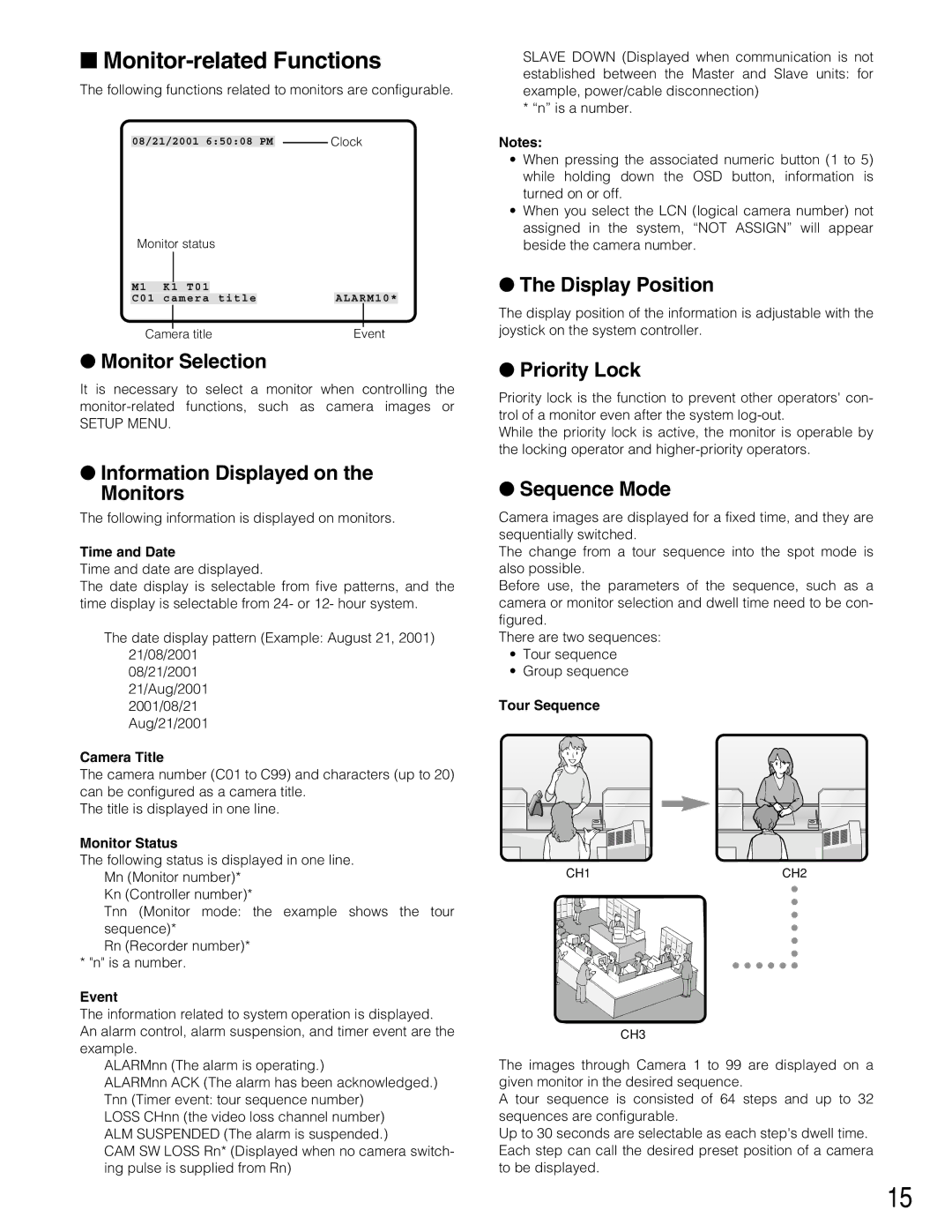 Panasonic WJ-SX150A Monitor-related Functions, Monitor Selection, Information Displayed on the Monitors, Display Position 