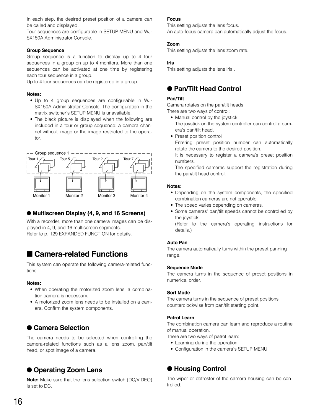 Panasonic WJ-SX150A Camera-related Functions, Camera Selection, Pan/Tilt Head Control, Operating Zoom Lens Housing Control 