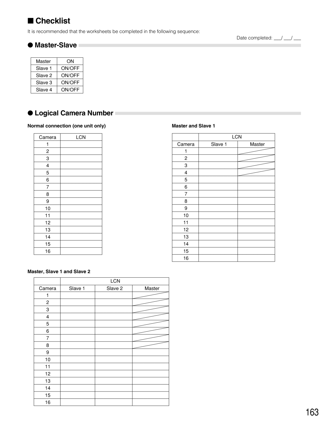 Panasonic WJ-SX150A manual 163, Checklist, Master-Slave, Logical Camera Number 