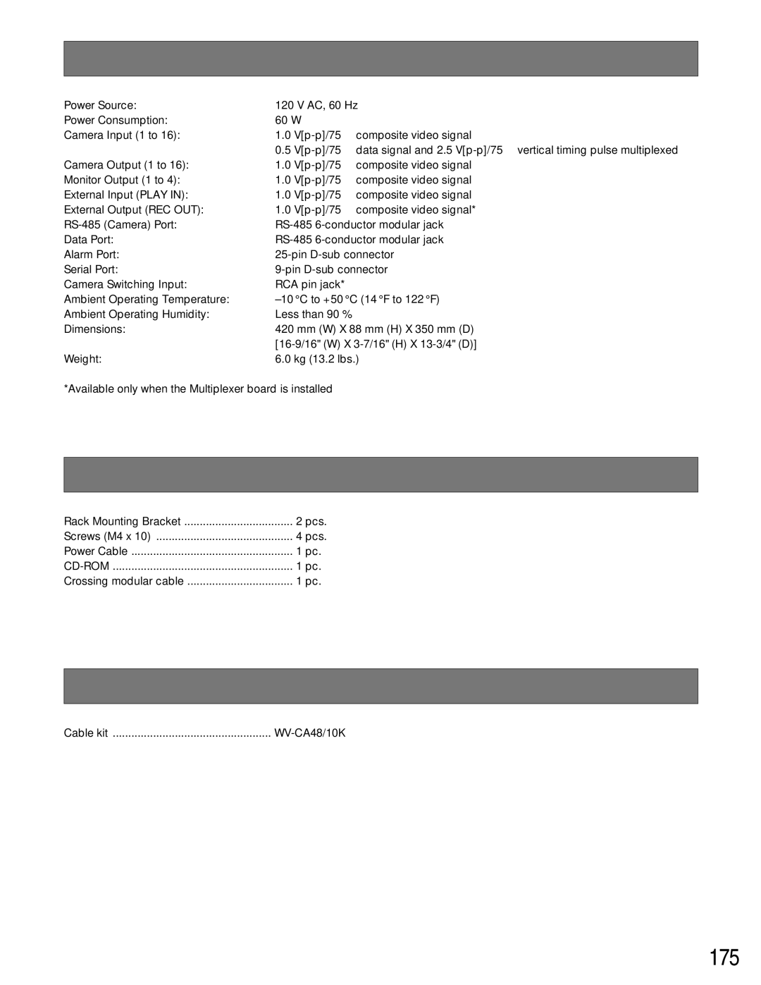 Panasonic WJ-SX150A manual Specifications, Standard Accessories, Optional Accessories 