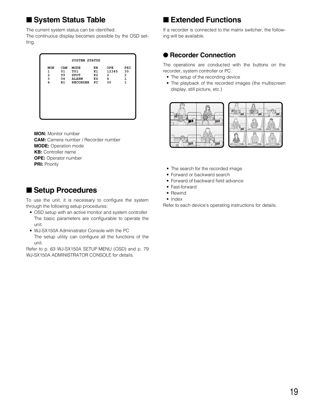 Panasonic WJ-SX150A manual System Status Table, Setup Procedures, Extended Functions, Recorder Connection 