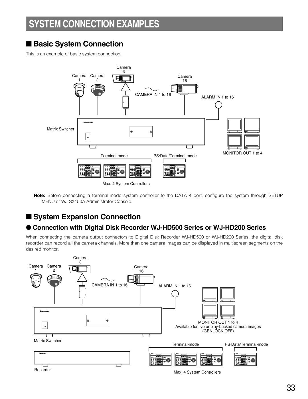 Panasonic WJ-SX150A manual System Connection Examples, Basic System Connection, System Expansion Connection 