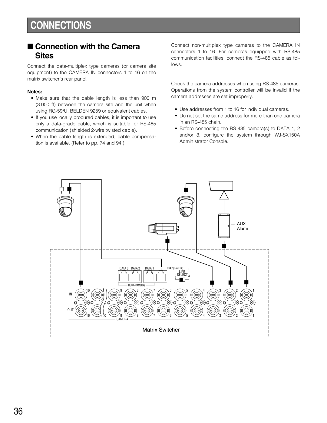 Panasonic WJ-SX150A manual Connections, Connection with the Camera Sites 