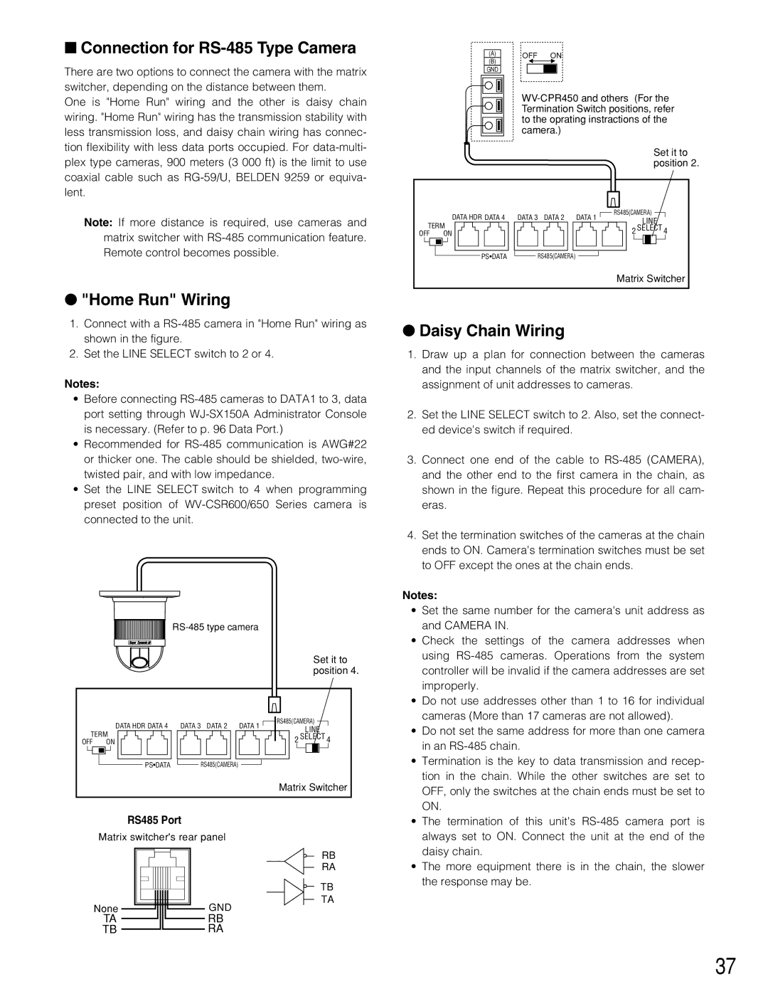 Panasonic WJ-SX150A manual Connection for RS-485 Type Camera, Home Run Wiring, Daisy Chain Wiring, RS485 Port 