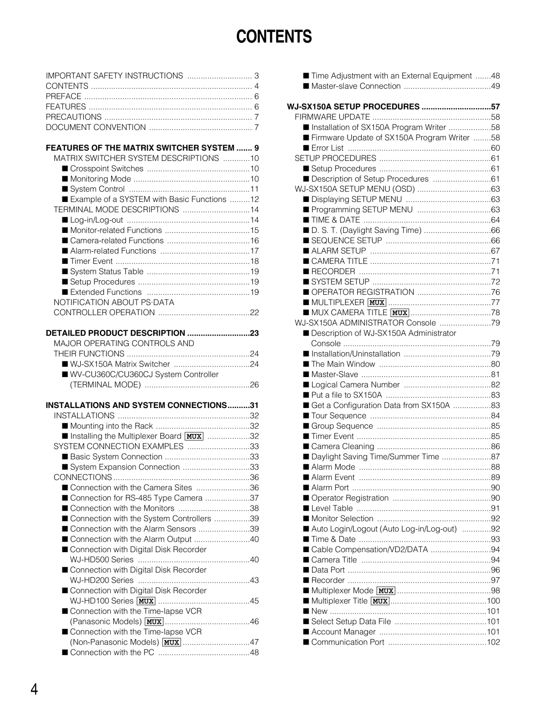 Panasonic WJ-SX150A manual Contents 