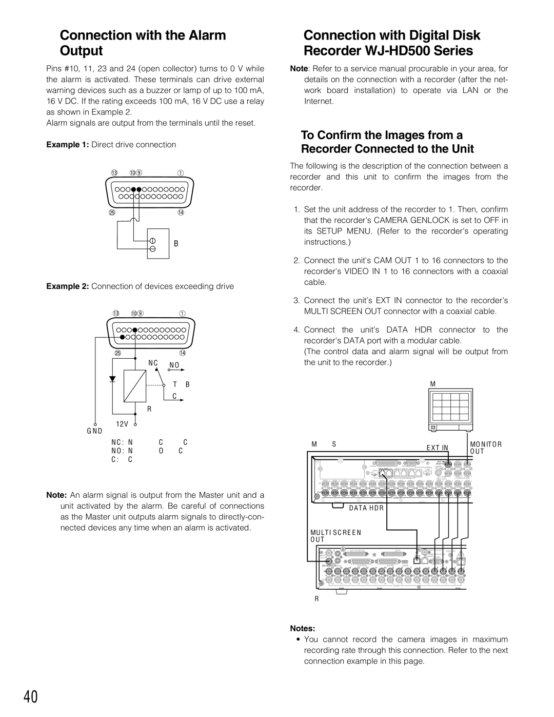 Panasonic WJ-SX150A manual Connection with the Alarm Output, Connection with Digital Disk Recorder WJ-HD500 Series 