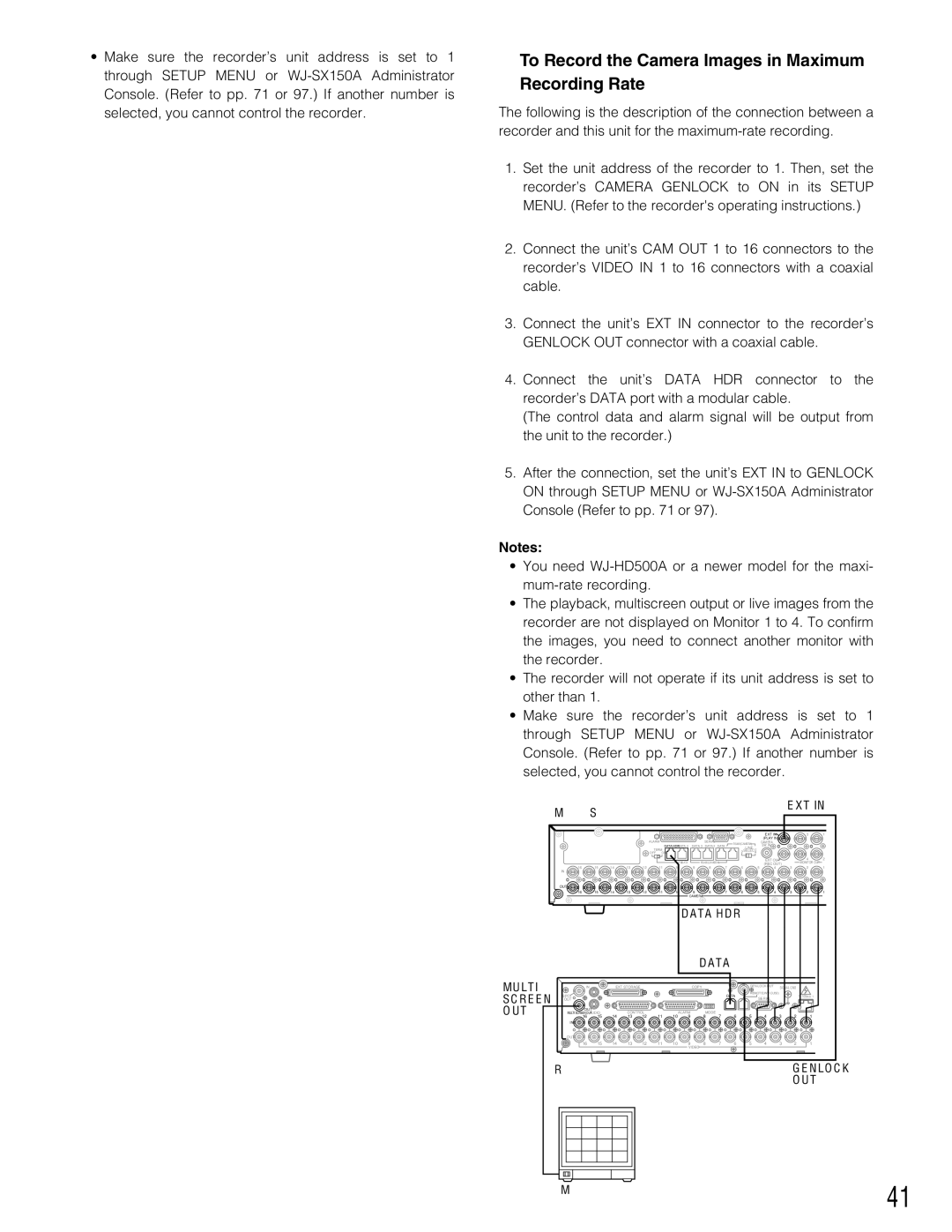 Panasonic WJ-SX150A manual To Record the Camera Images in Maximum Recording Rate, Ext 