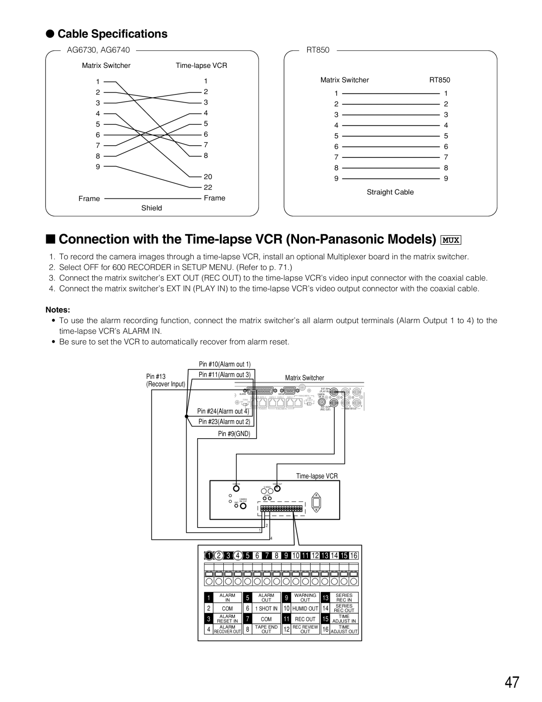 Panasonic WJ-SX150A manual Cable Specifications, AG6730, AG6740 RT850 