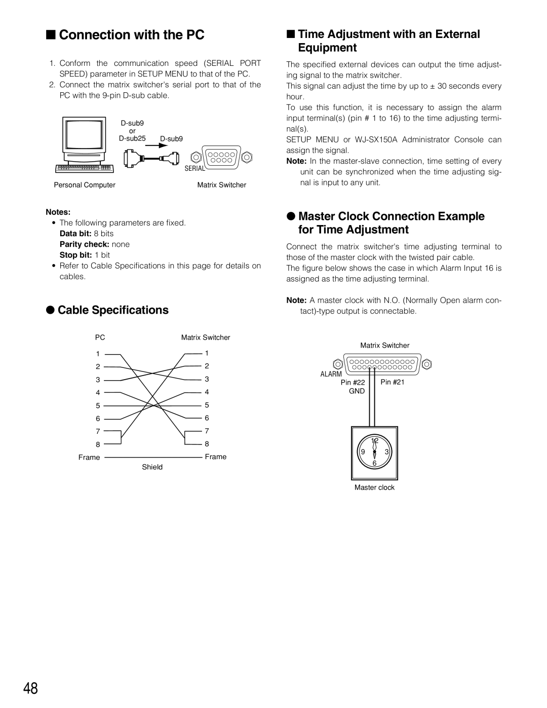 Panasonic WJ-SX150A Connection with the PC, Time Adjustment with an External Equipment, Parity check none Stop bit 1 bit 