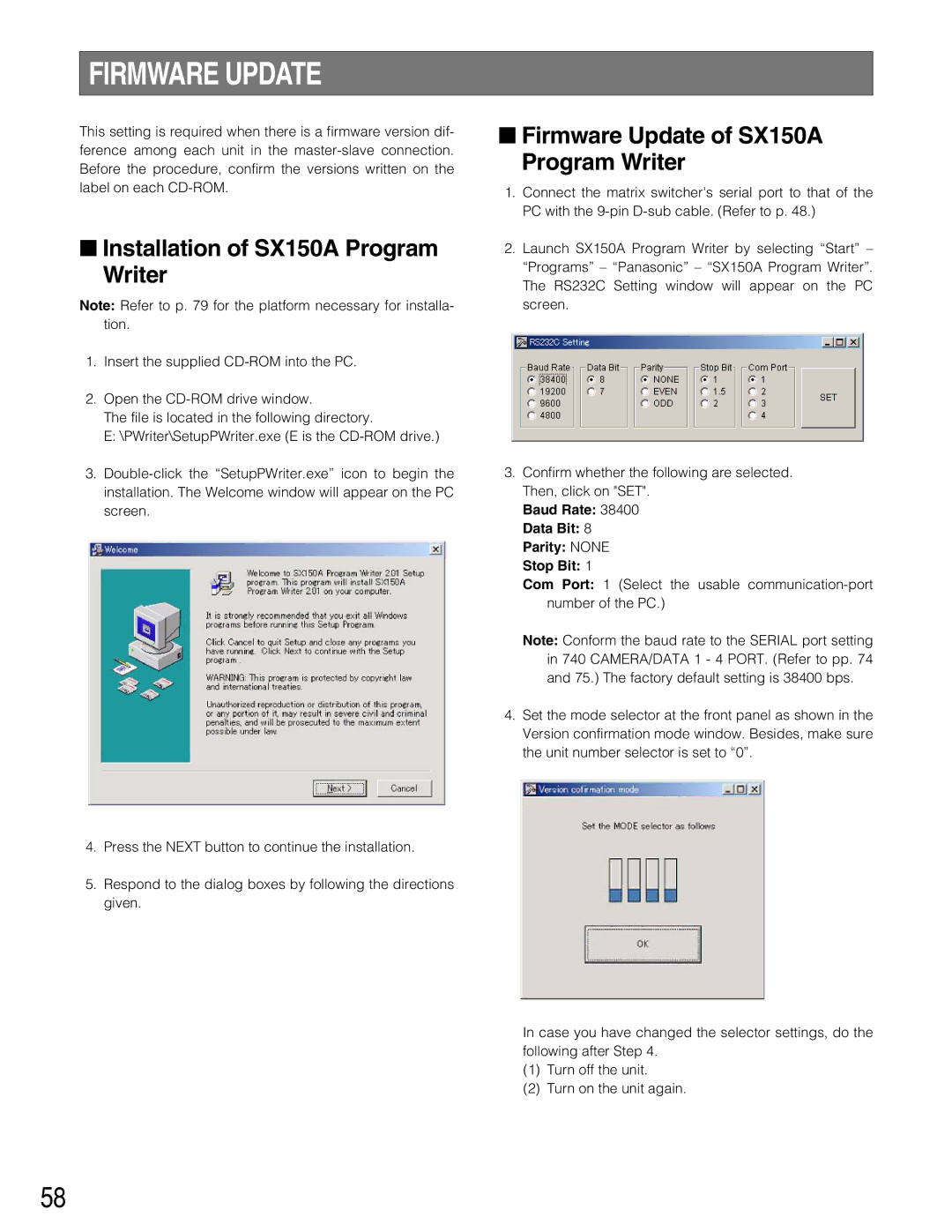 Panasonic WJ-SX150A manual Installation of SX150A Program Writer, Firmware Update of SX150A Program Writer 