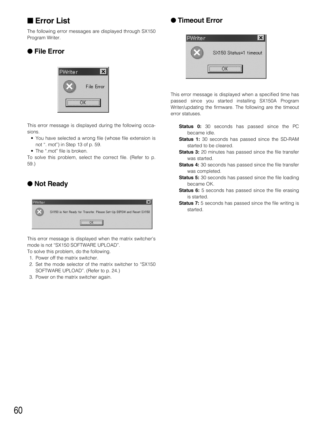 Panasonic WJ-SX150A manual Error List, File Error, Not Ready, Timeout Error 