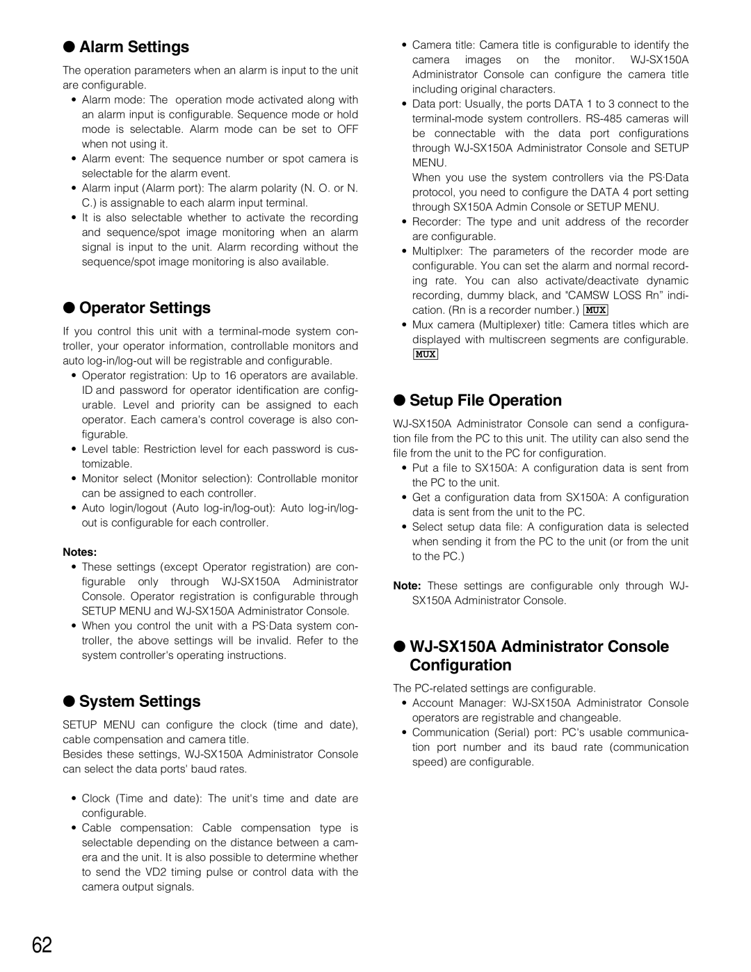 Panasonic WJ-SX150A manual Alarm Settings, Operator Settings, System Settings, Setup File Operation 