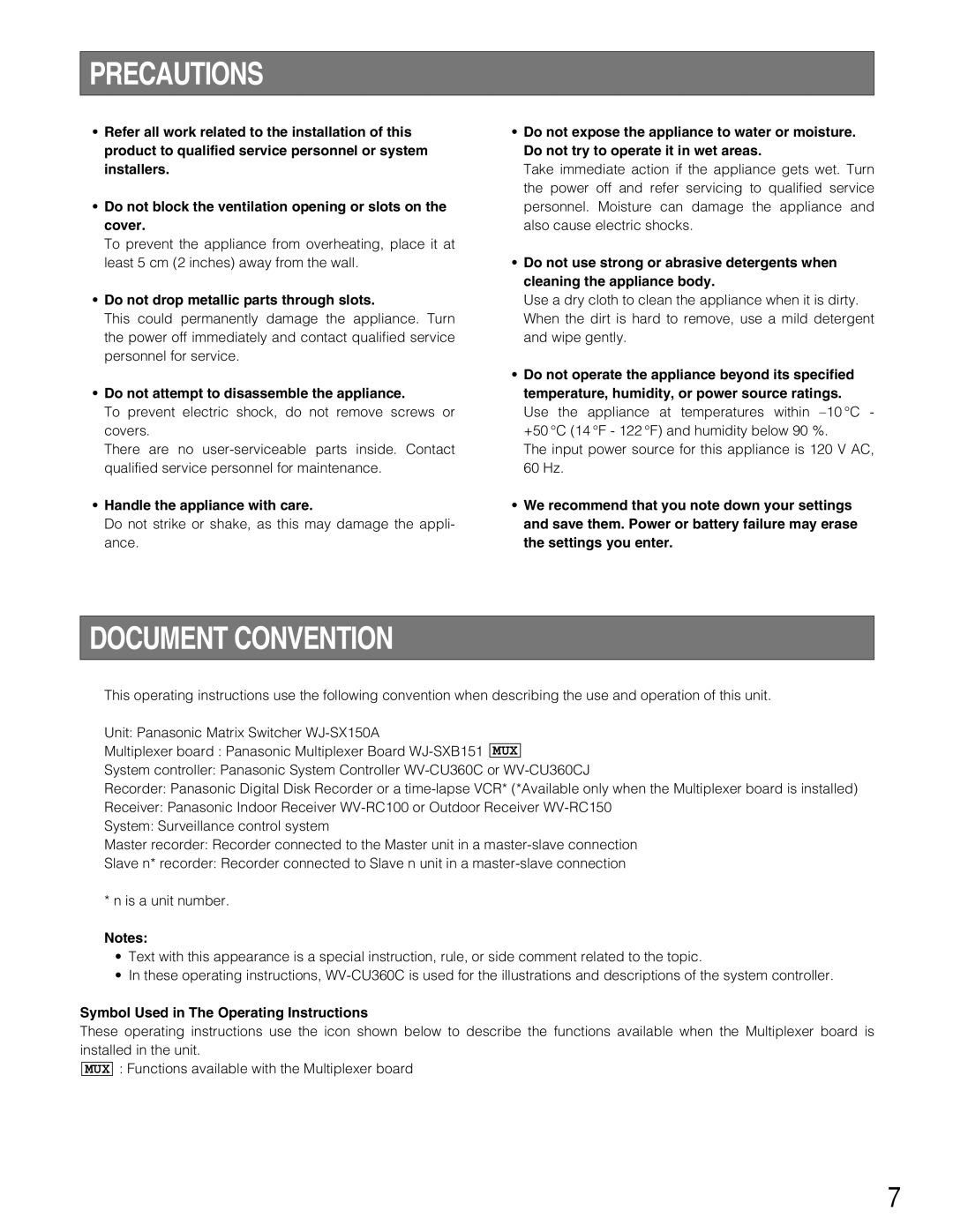 Panasonic WJ-SX150A manual Precautions, Document Convention 